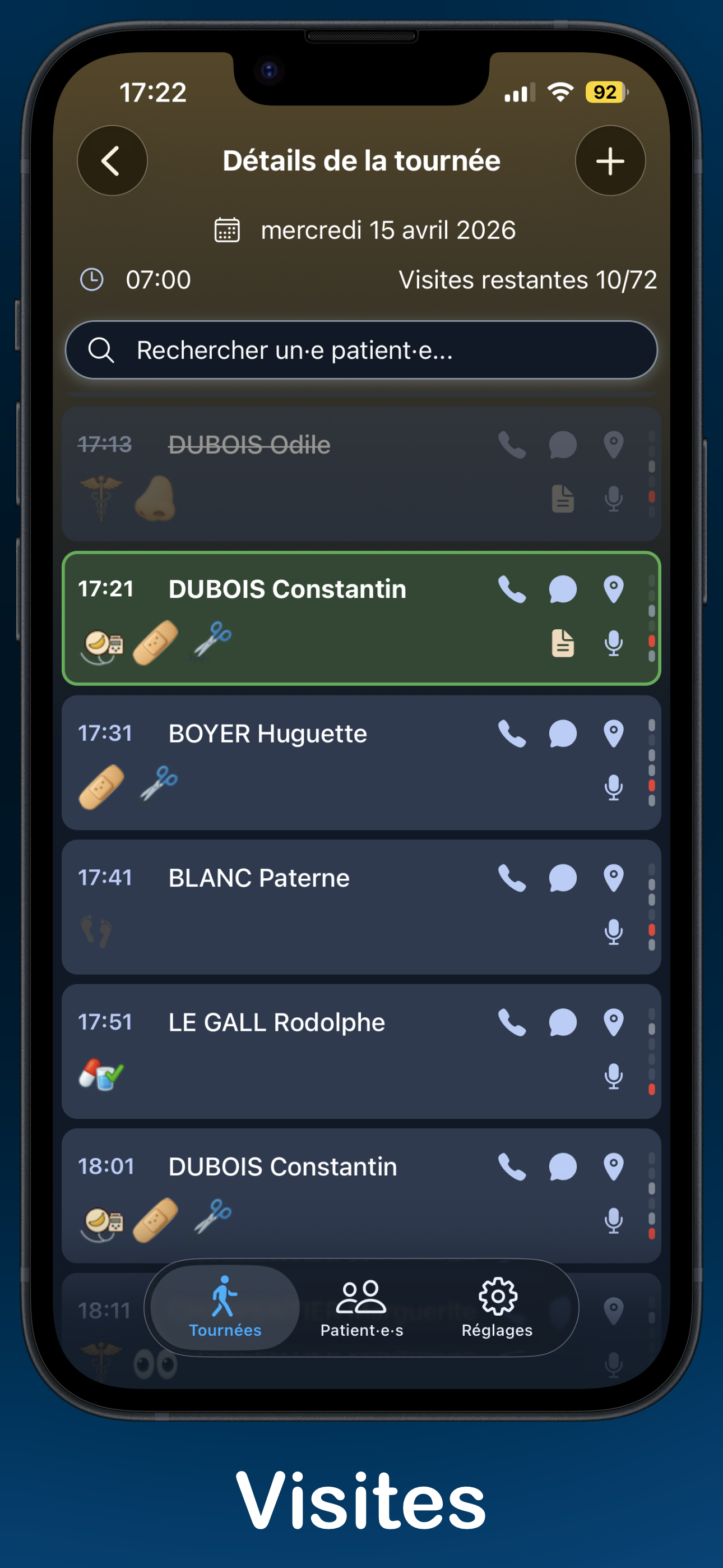 Écran de suivi des visites CarePediem