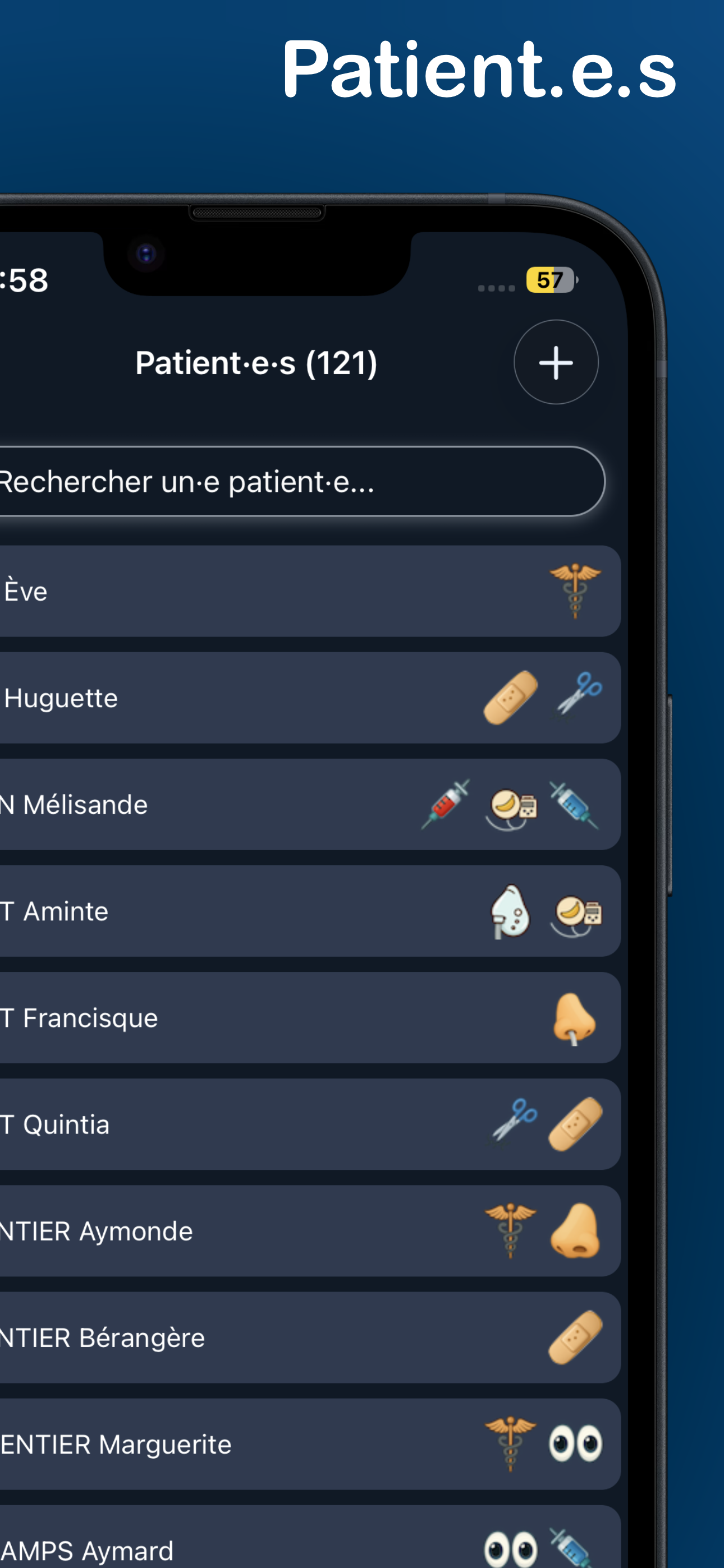 Écran liste des patientes CarePediem